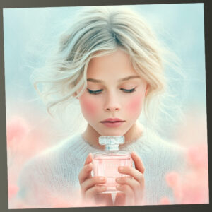 Blonde woman holding a pink perfume bottle in dreamy pastel setting, symbolizing scent personality, fragrance quiz, and discovering your signature aroma.