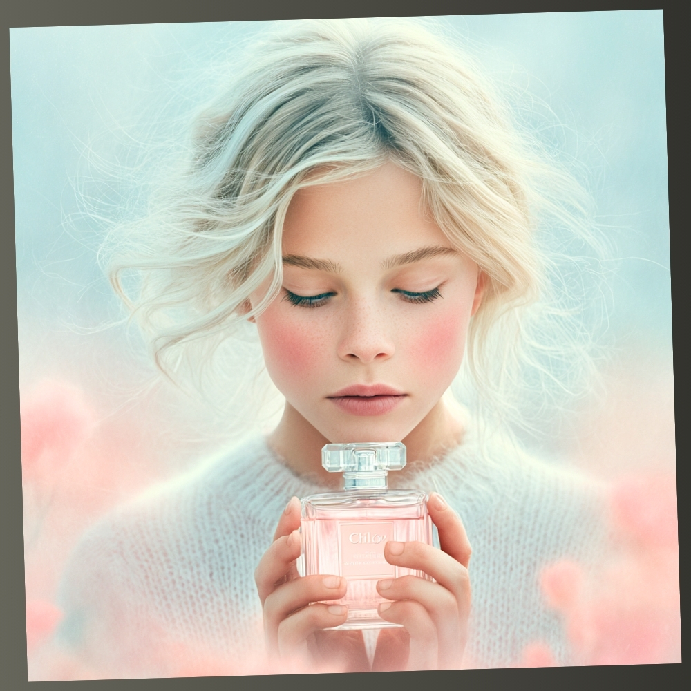 Blonde woman holding a pink perfume bottle in dreamy pastel setting, symbolizing scent personality, fragrance quiz, and discovering your signature aroma.