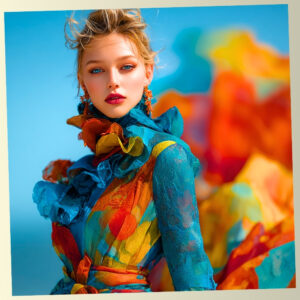 Stylish woman in vibrant multicolored dress against a blue backdrop, embodying emotional spectrum and color personality for ChromaCore test profile.