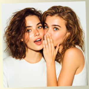 Two young women whispering secrets, capturing hidden perceptions, social mysteries, and the essence of self-image for a personality test.