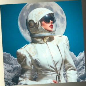 A woman in a futuristic white space suit with gold floral patterns and an astronaut helmet, standing on a lunar landscape with a large moon in the background, representing a space-themed personality quiz.
