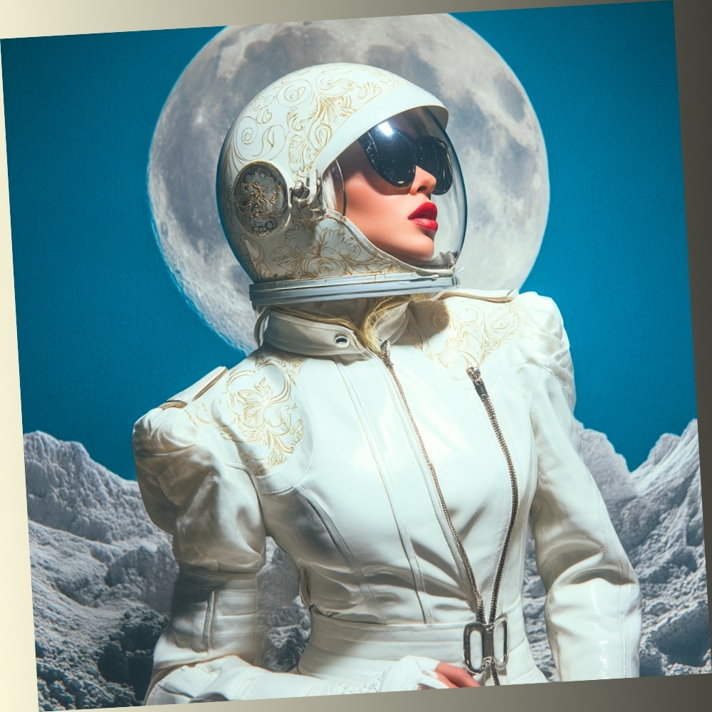 A woman in a futuristic white space suit with gold floral patterns and an astronaut helmet, standing on a lunar landscape with a large moon in the background, representing a space-themed personality quiz.