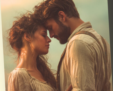 Cinematic close-up of a romantic couple in vintage clothing standing forehead to forehead at sunset, representing a deep, soulmate-level connection for a relationship personality test.