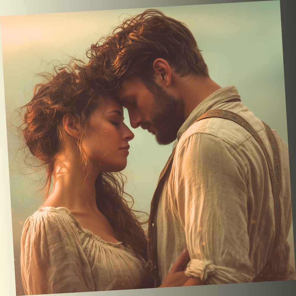 Cinematic close-up of a romantic couple in vintage clothing standing forehead to forehead at sunset, representing a deep, soulmate-level connection for a relationship personality test.
