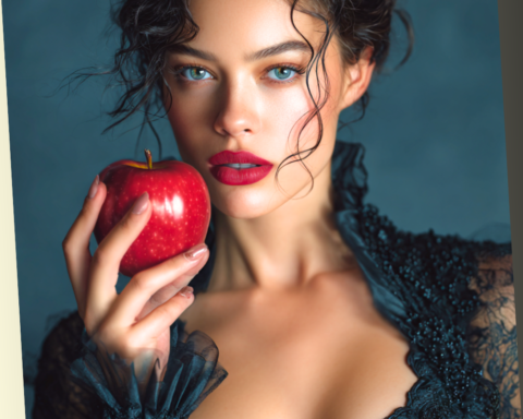 A beautiful woman in a black lace dress holding a bright red apple, representing temptation and mystery.