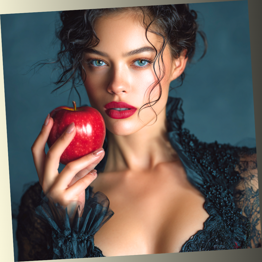 A beautiful woman in a black lace dress holding a bright red apple, representing temptation and mystery.