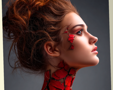 Profile of a woman with red hair and red cracked-earth patterns on her face and neck, symbolizing inner fractures and hidden depth.