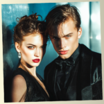 Elegant young couple in formal black attire representing different romantic personalities for a love style quiz.