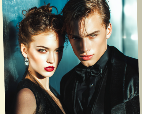 Elegant young couple in formal black attire representing different romantic personalities for a love style quiz.