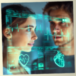 A conceptual digital interface showing heart rhythms and data overlays between a couple, symbolizing deep emotional analysis.