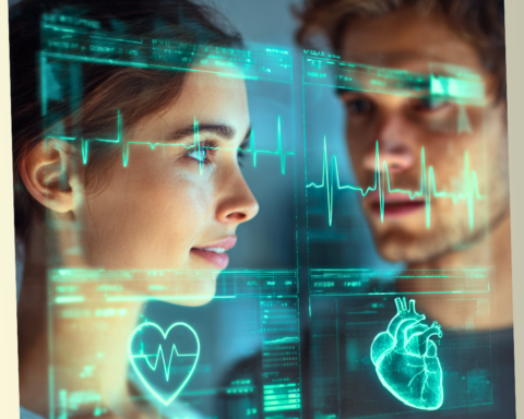A conceptual digital interface showing heart rhythms and data overlays between a couple, symbolizing deep emotional analysis.