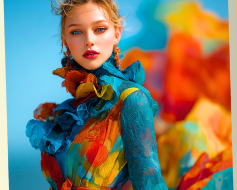 A beautiful young woman wearing a vibrant, multi-colored ruffled dress against a bright blue sky, representing the diversity of the emotional spectrum.