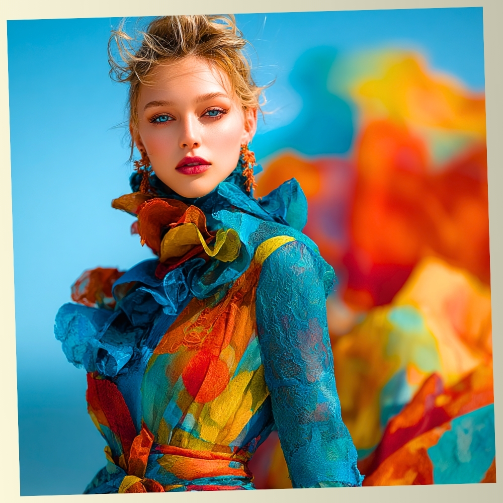 A beautiful young woman wearing a vibrant, multi-colored ruffled dress against a bright blue sky, representing the diversity of the emotional spectrum.