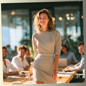 A confident, smiling woman walking through a modern office meeting room while others look on, illustrating natural presence and silent command.