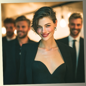 A woman with a stylish short haircut and a black blazer smiling confidently at the camera while several men look toward her in the background.