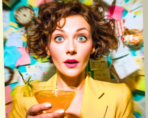 A wide-eyed woman with messy curly hair wearing a yellow jacket, holding a cocktail in front of a wall covered in colorful sticky notes with a motion blur effect.