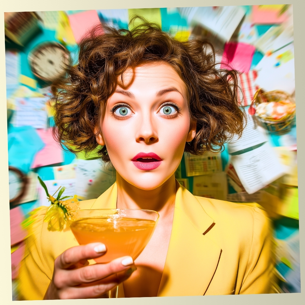 A wide-eyed woman with messy curly hair wearing a yellow jacket, holding a cocktail in front of a wall covered in colorful sticky notes with a motion blur effect.