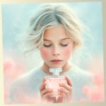 A serene young woman with light hair holding a pink perfume bottle, eyes closed in a moment of calm reflection, representing a soul fragrance discovery.