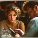 A close-up portrait of a woman with a pensive expression looking at a man, who is looking down at his phone and ignoring her in a dimly lit restaurant.