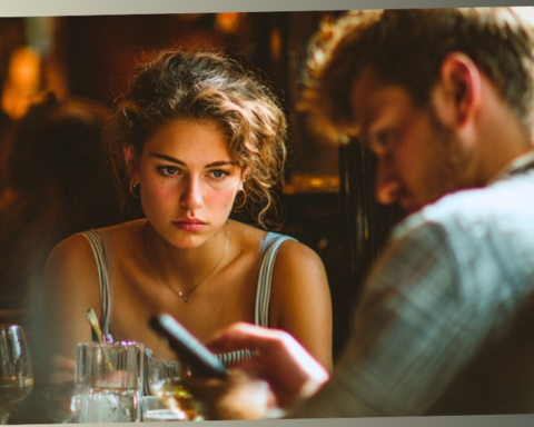 A close-up portrait of a woman with a pensive expression looking at a man, who is looking down at his phone and ignoring her in a dimly lit restaurant.