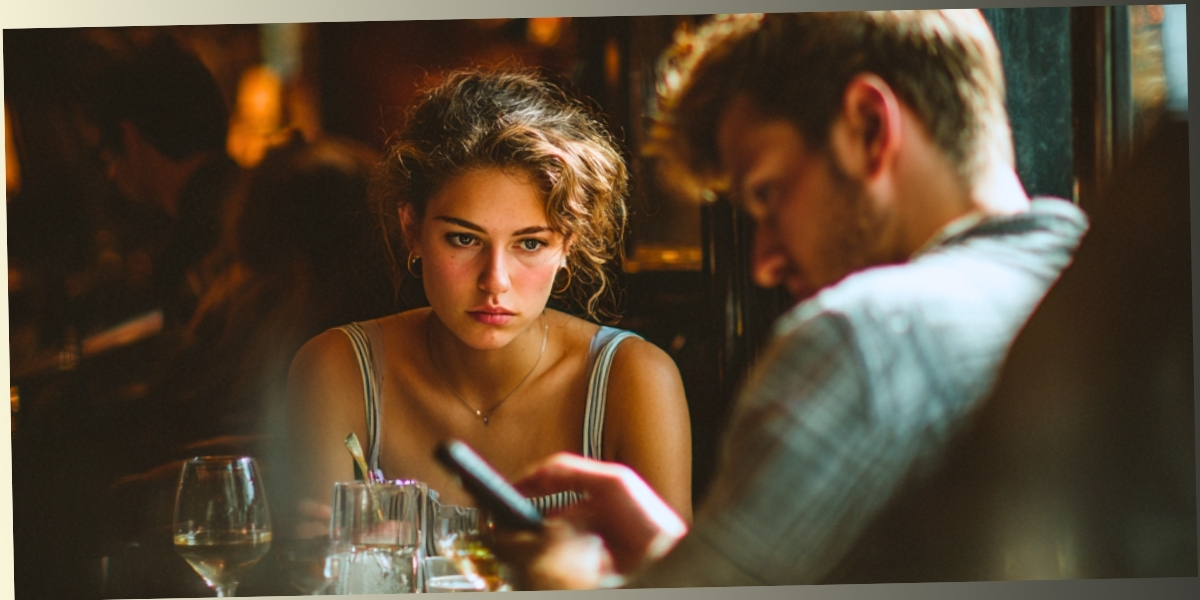 A close-up portrait of a woman with a pensive expression looking at a man, who is looking down at his phone and ignoring her in a dimly lit restaurant.