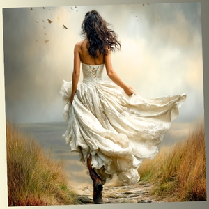 A woman in a flowing white gown walking down a rustic path toward a misty horizon with birds flying above.