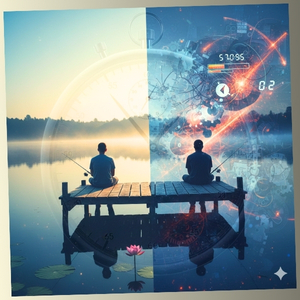 A split-screen image contrasting a peaceful fisherman on a dock with a complex, glowing digital brain clock representing mental patience.