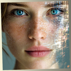 A close-up of a person's face where one side is blended with flowing digital code and glowing light pixels.
