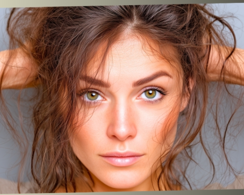 A close-up portrait of a woman with green eyes looking intensely forward while running her hands through her messy, brown hair against a neutral gray background.