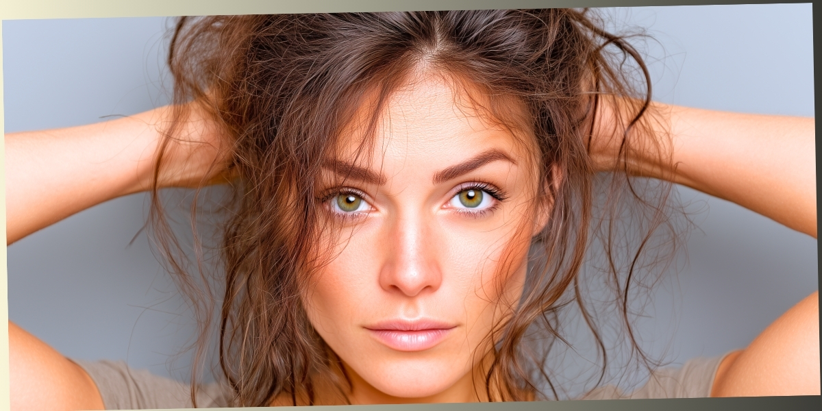 A close-up portrait of a woman with green eyes looking intensely forward while running her hands through her messy, brown hair against a neutral gray background.