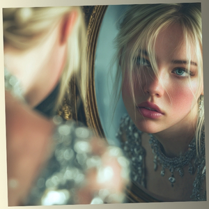 A close-up reflection of a blonde woman looking intensely into an ornate gold mirror, illustrating deep self-awareness.