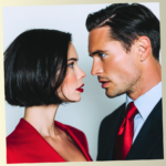 A sharp profile view of a man and woman in business attire looking intensely into each other's eyes against a clean white background.