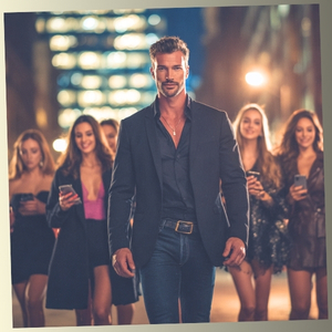 A confident, well-dressed man walking through a city street at night with people following his lead, representing personal magnetism.