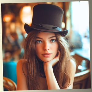A beautiful woman with striking blue eyes wearing a classic black top hat, looking thoughtfully at the camera.