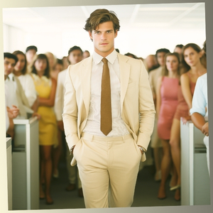 Man in tan suit showing silent authority in a crowd — the Magnet Effect in action