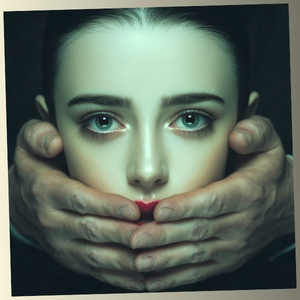 Close-up of a woman's face with hands gently covering her mouth, representing psychological pressure and silence.