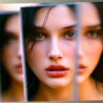 A woman with green eyes looking directly forward, surrounded by multiple blurred reflections of her face, symbolizing different versions of self and identity.