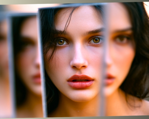A woman with green eyes looking directly forward, surrounded by multiple blurred reflections of her face, symbolizing different versions of self and identity.