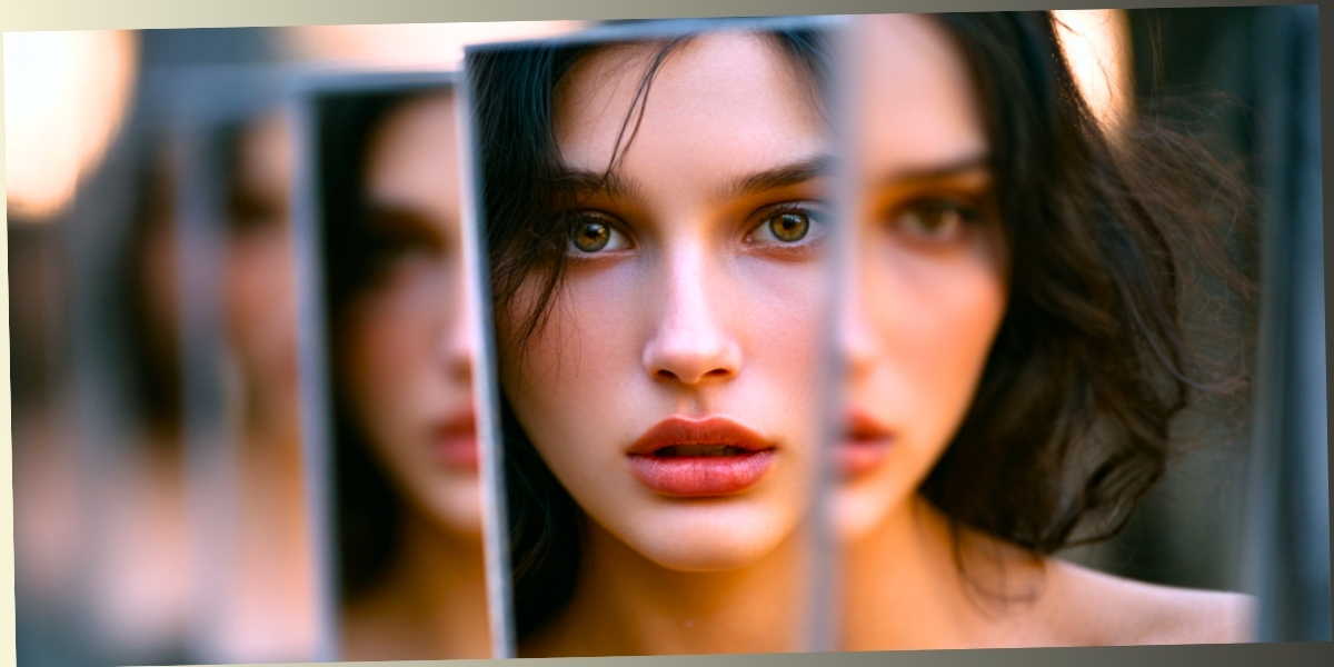 A woman with green eyes looking directly forward, surrounded by multiple blurred reflections of her face, symbolizing different versions of self and identity.