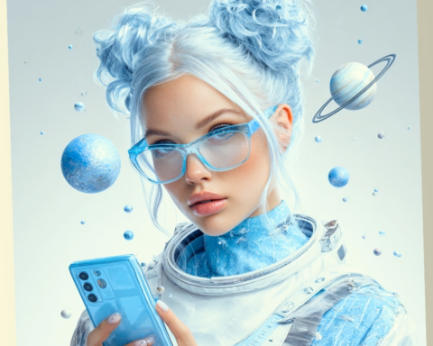 A young woman with blue hair buns and glasses wearing a futuristic white spacesuit, holding a smartphone amidst floating planets and cosmic orbs.