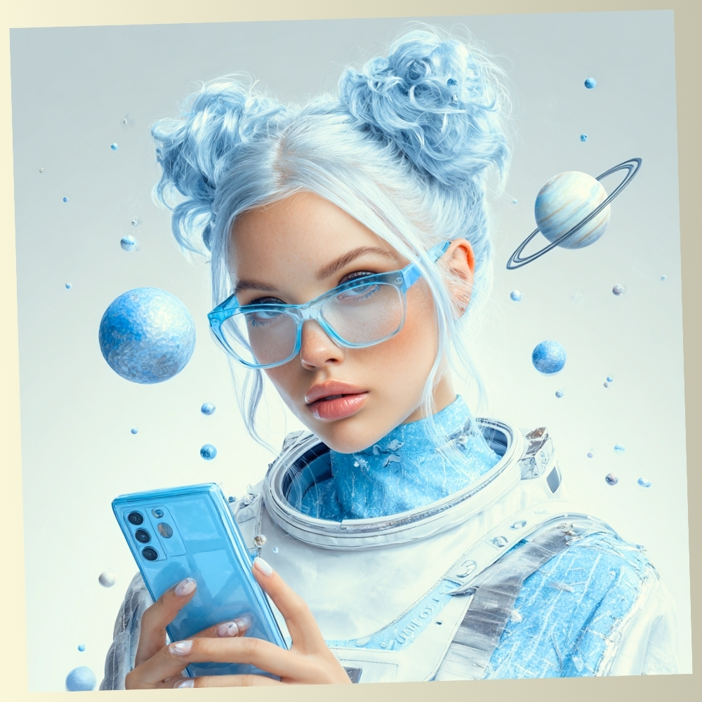 A young woman with blue hair buns and glasses wearing a futuristic white spacesuit, holding a smartphone amidst floating planets and cosmic orbs.