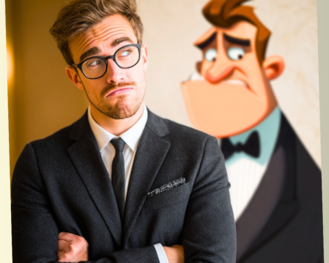 A man with glasses and a suit looking skeptically at a large, goofy animated cartoon villain standing behind him.