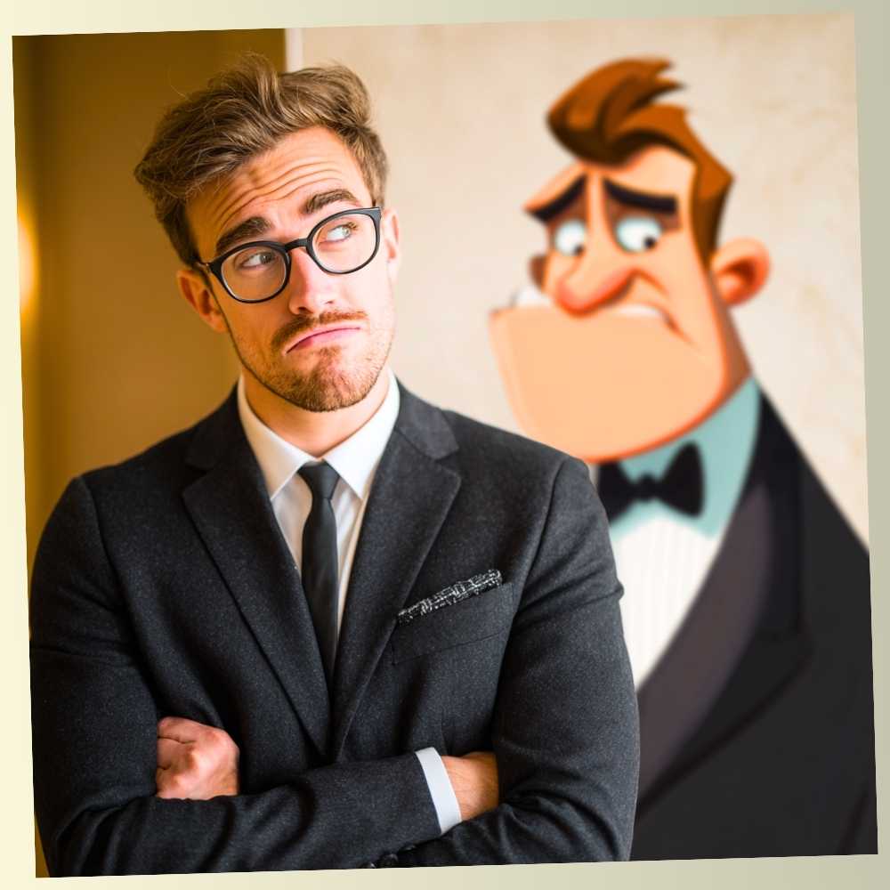 A man with glasses and a suit looking skeptically at a large, goofy animated cartoon villain standing behind him.