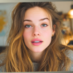A close-up portrait of a woman with long wavy hair looking directly forward with a pensive expression and slightly open mouth, appearing as if she is mid-conversation.