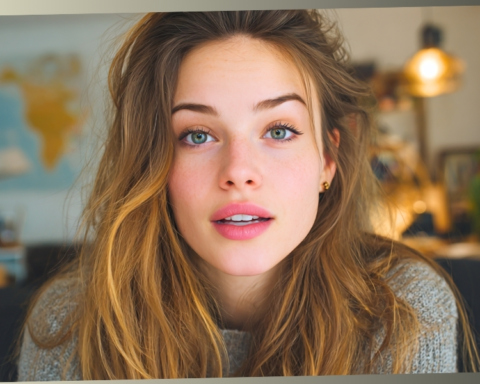 A close-up portrait of a woman with long wavy hair looking directly forward with a pensive expression and slightly open mouth, appearing as if she is mid-conversation.