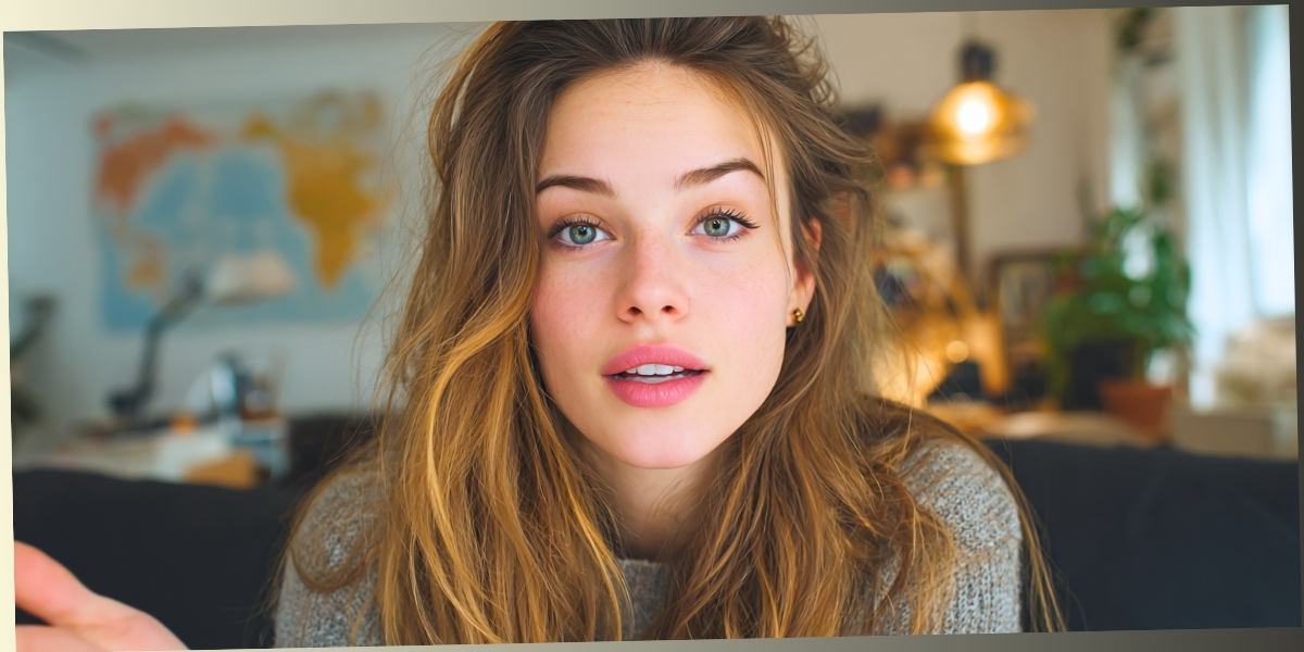 A close-up portrait of a woman with long wavy hair looking directly forward with a pensive expression and slightly open mouth, appearing as if she is mid-conversation.