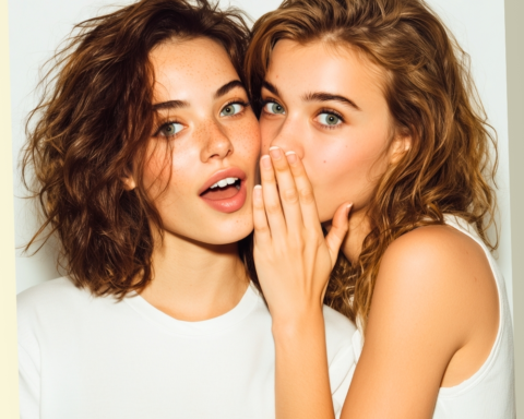 Two young women with wavy brown hair whispering secrets and looking surprised, representing how others perceive your personality.