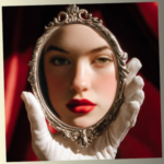 A hand in a white glove holding a vintage silver mirror reflecting a woman's red lips and eyes against a red background.