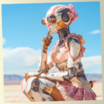 A white and gold humanoid robot wearing a pink floral dress and flowers on its head, sitting in a thoughtful pose against a blue sky.