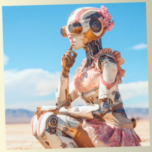 A white and gold humanoid robot wearing a pink floral dress and flowers on its head, sitting in a thoughtful pose against a blue sky.